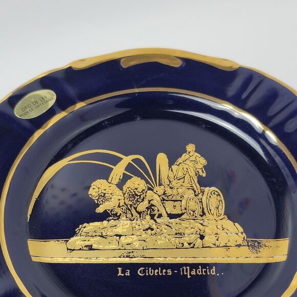 Oro De Ley Cobalt Blue 18k Gold Ceramic Plate La Cibeles Madrid 8 Inches - Picture 6 of 11